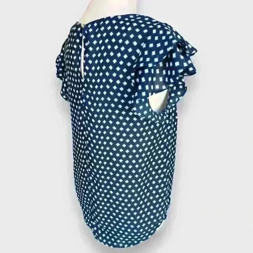 🎉2/$17🎉 Flutter Sleeve Blue Geometric Print Blouse Size S - Picture 4 of 11